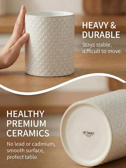 Utensil Holder for Kitchen Counter - 7.1" Large Ceramic Utensil Crock, Cooking Utensil Organizer for Spatula, Spoon, Whisk - Farmhouse Kitchen Countertop Storage, Embossed, Clover