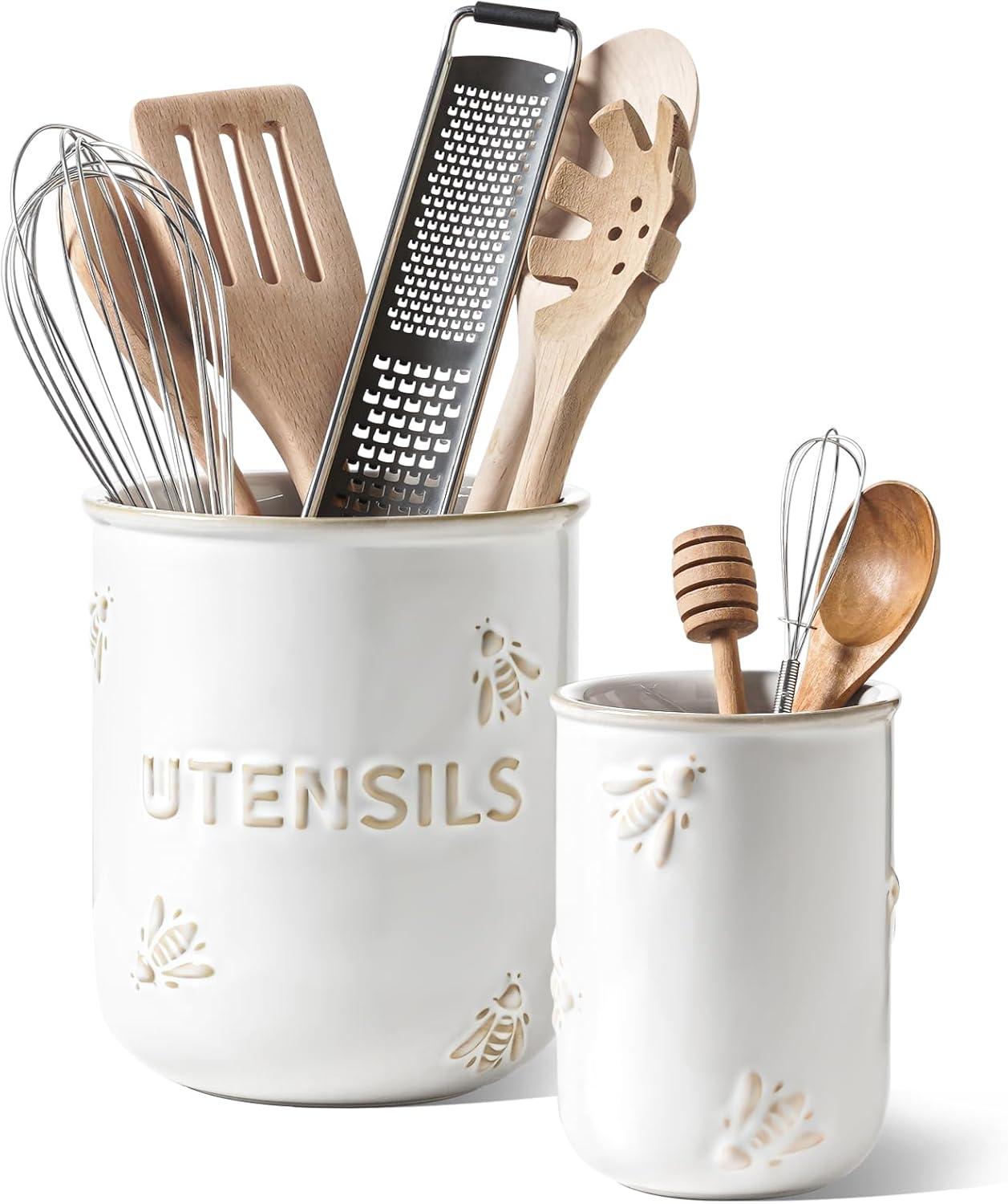Utensil Holder for Kitchen Counter - 7.1" Large Ceramic Utensil Crock, Cooking Utensil Organizer for Spatula, Spoon, Whisk - Farmhouse Kitchen Countertop Storage, Embossed, Clover
