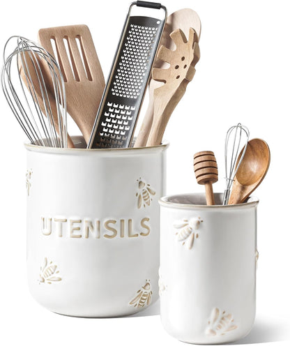 Utensil Holder for Kitchen Counter - 7.1" Large Ceramic Utensil Crock, Cooking Utensil Organizer for Spatula, Spoon, Whisk - Farmhouse Kitchen Countertop Storage, Embossed, Clover