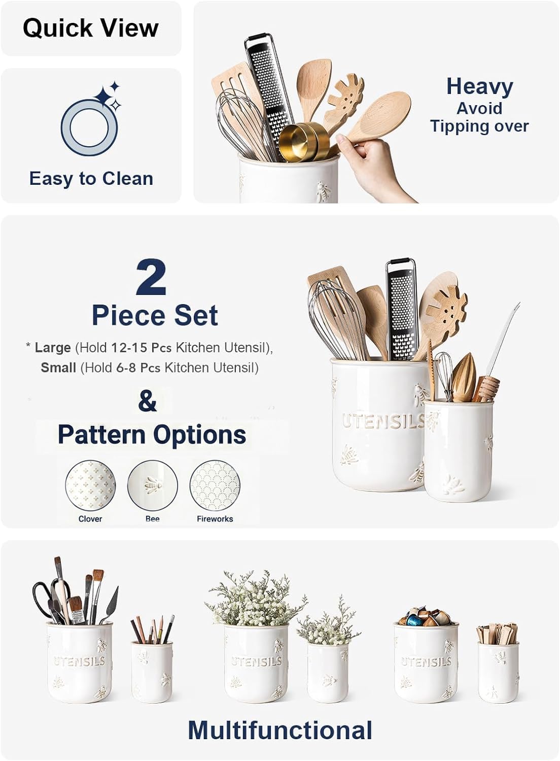 Utensil Holder for Kitchen Counter - 7.1" Large Ceramic Utensil Crock, Cooking Utensil Organizer for Spatula, Spoon, Whisk - Farmhouse Kitchen Countertop Storage, Embossed, Clover