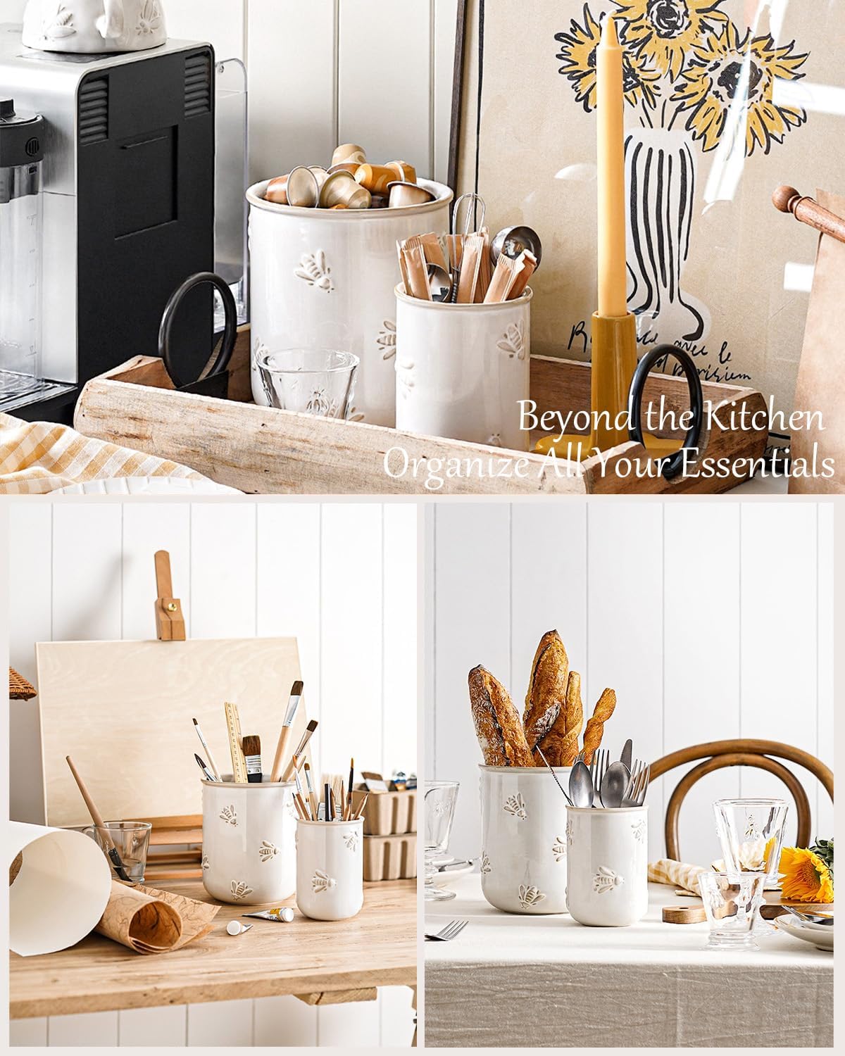 Utensil Holder for Kitchen Counter - 7.1" Large Ceramic Utensil Crock, Cooking Utensil Organizer for Spatula, Spoon, Whisk - Farmhouse Kitchen Countertop Storage, Embossed, Clover