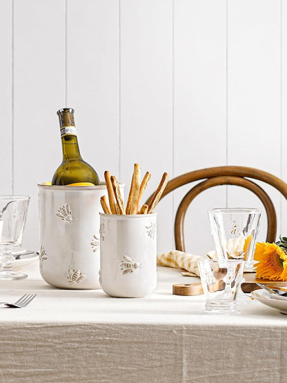 Utensil Holder for Kitchen Counter - 7.1" Large Ceramic Utensil Crock, Cooking Utensil Organizer for Spatula, Spoon, Whisk - Farmhouse Kitchen Countertop Storage, Embossed, Clover