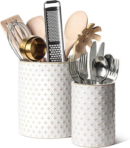 Utensil Holder for Kitchen Counter - 7.1" Large Ceramic Utensil Crock, Cooking Utensil Organizer for Spatula, Spoon, Whisk - Farmhouse Kitchen Countertop Storage, Embossed, Clover