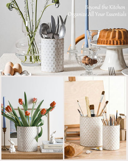 Utensil Holder for Kitchen Counter - 7.1" Large Ceramic Utensil Crock, Cooking Utensil Organizer for Spatula, Spoon, Whisk - Farmhouse Kitchen Countertop Storage, Embossed, Clover