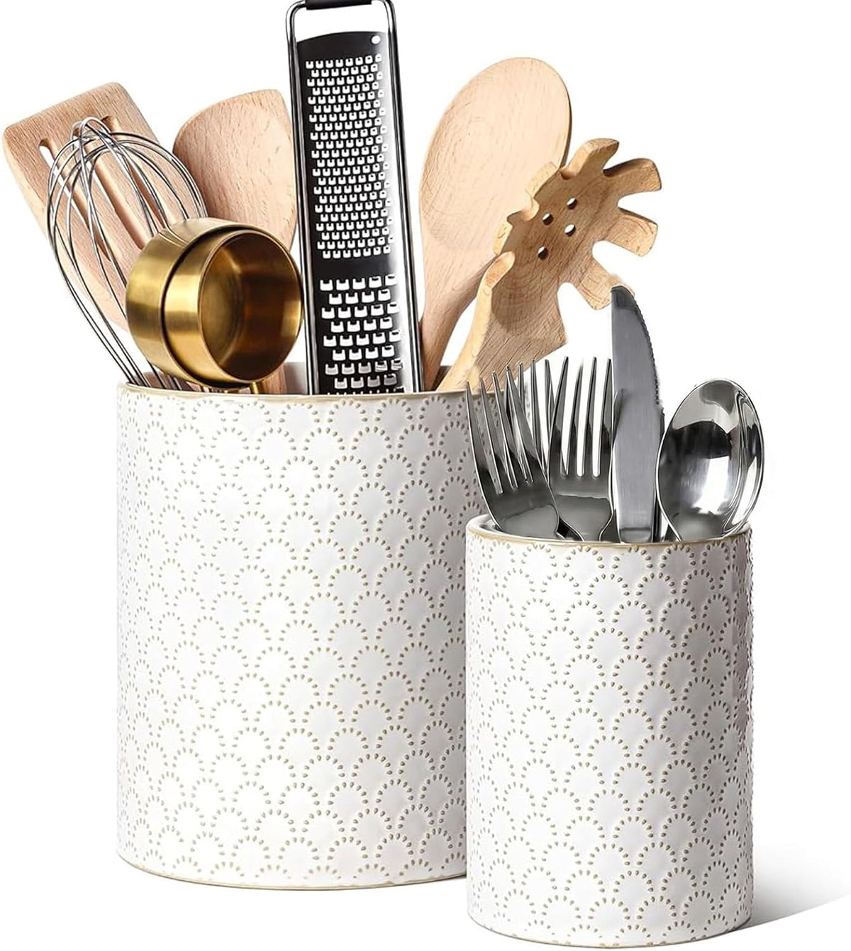 Utensil Holder for Kitchen Counter - 7.1" Large Ceramic Utensil Crock, Cooking Utensil Organizer for Spatula, Spoon, Whisk - Farmhouse Kitchen Countertop Storage, Embossed, Clover