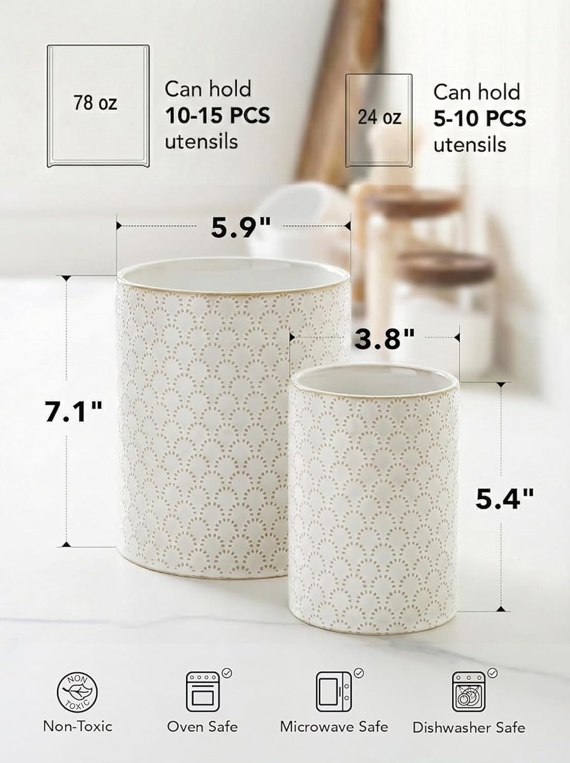 Utensil Holder for Kitchen Counter - 7.1" Large Ceramic Utensil Crock, Cooking Utensil Organizer for Spatula, Spoon, Whisk - Farmhouse Kitchen Countertop Storage, Embossed, Clover