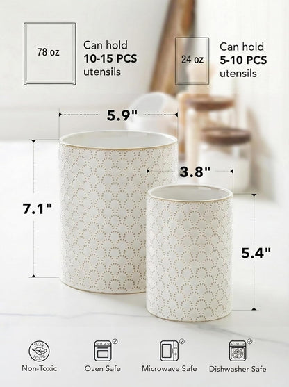 Utensil Holder for Kitchen Counter - 7.1" Large Ceramic Utensil Crock, Cooking Utensil Organizer for Spatula, Spoon, Whisk - Farmhouse Kitchen Countertop Storage, Embossed, Clover