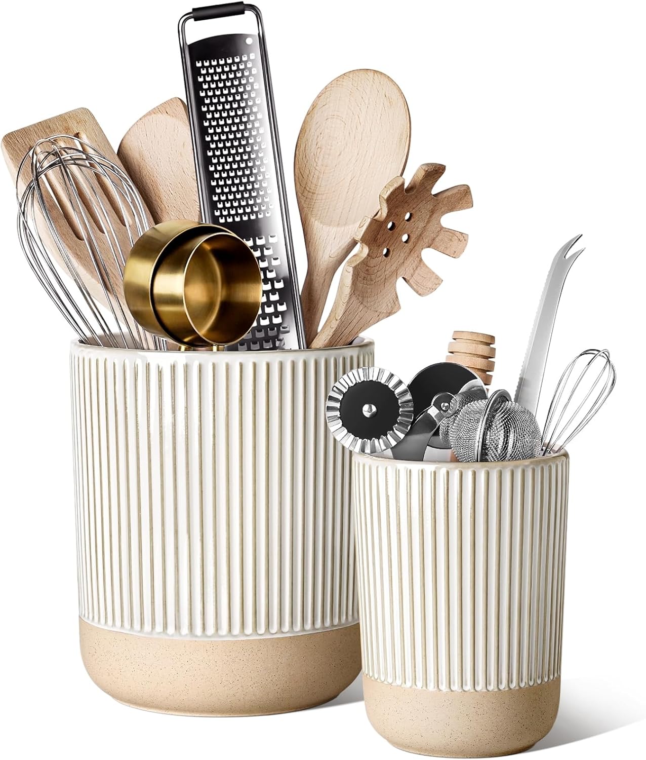 Utensil Holder for Kitchen Counter - 7.1" Large Ceramic Utensil Crock, Cooking Utensil Organizer for Spatula, Spoon, Whisk - Farmhouse Kitchen Countertop Storage, Embossed, Clover