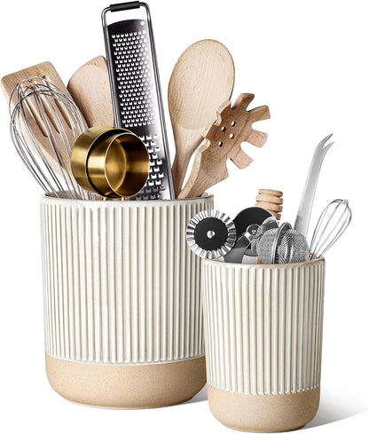 Utensil Holder for Kitchen Counter - 7.1" Large Ceramic Utensil Crock, Cooking Utensil Organizer for Spatula, Spoon, Whisk - Farmhouse Kitchen Countertop Storage, Embossed, Clover