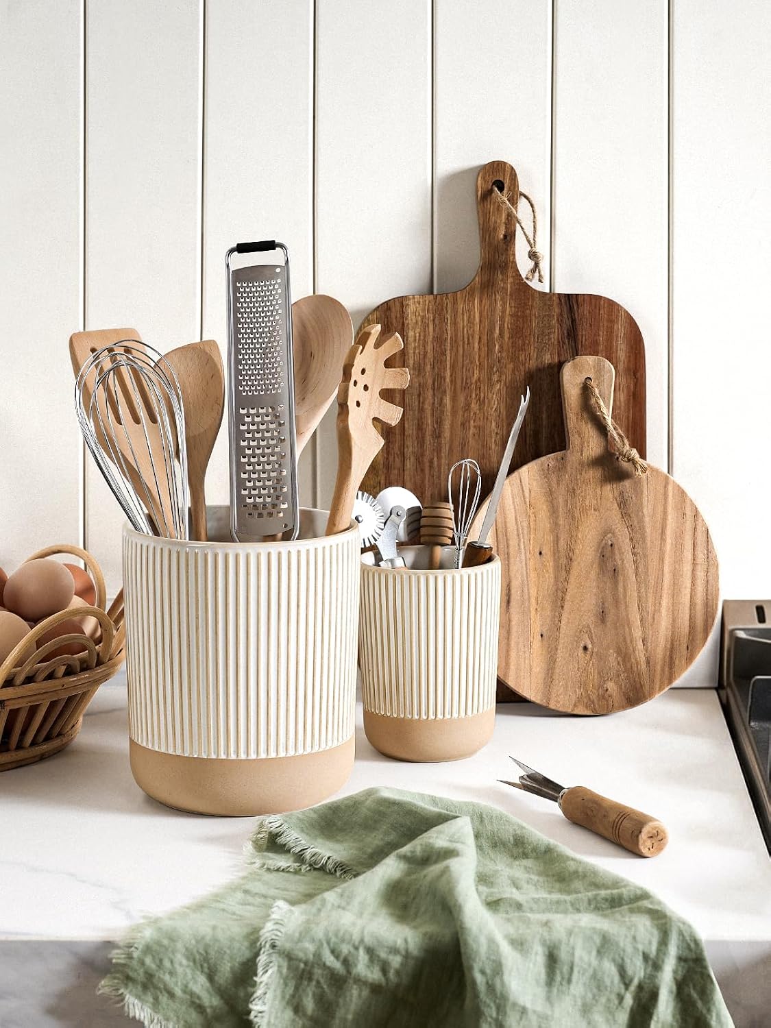 Utensil Holder for Kitchen Counter - 7.1" Large Ceramic Utensil Crock, Cooking Utensil Organizer for Spatula, Spoon, Whisk - Farmhouse Kitchen Countertop Storage, Embossed, Clover