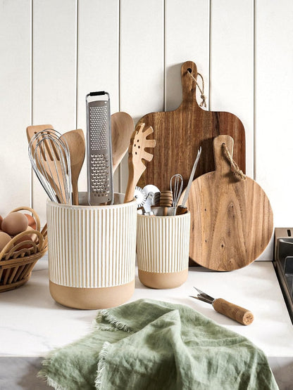 Utensil Holder for Kitchen Counter - 7.1" Large Ceramic Utensil Crock, Cooking Utensil Organizer for Spatula, Spoon, Whisk - Farmhouse Kitchen Countertop Storage, Embossed, Clover