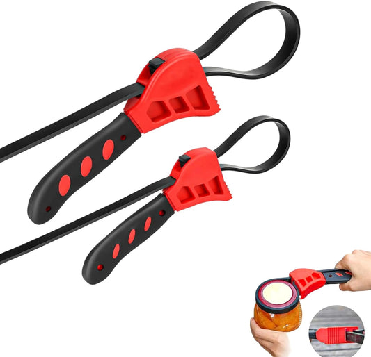 2-Pack Adjustable Rubber Strap Wrench Set – 25.20" & 20.48" Heavy-Duty Strap Wrench for Oil Filter, Jar Opener, Water Filter, Plumbing, Sink, Faucet – Non-Slip Multipurpose Wrench Tool (Red)