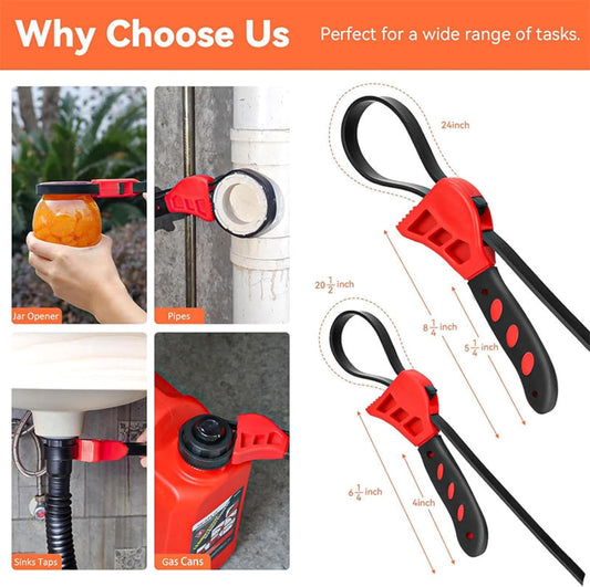 2-Pack Adjustable Rubber Strap Wrench Set – 25.20" & 20.48" Heavy-Duty Strap Wrench for Oil Filter, Jar Opener, Water Filter, Plumbing, Sink, Faucet – Non-Slip Multipurpose Wrench Tool (Red)