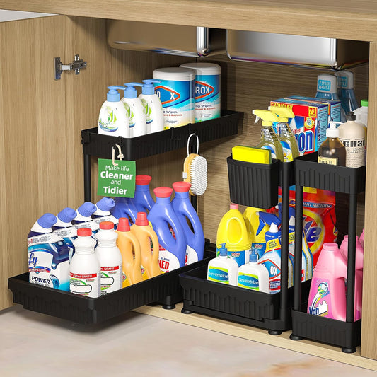 3 Pack Multi-Purpose Pull-Out Storage Organizers, 2-Tier L-Shaped Under Sink/Cabinet Organizers and Storage for Bathroom & Kitchen, (Black, 12.85 Inches)