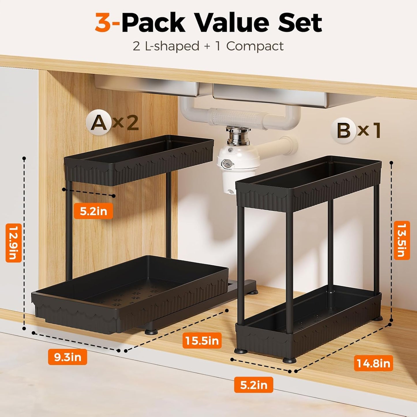 3 Pack Multi-Purpose Pull-Out Storage Organizers, 2-Tier L-Shaped Under Sink/Cabinet Organizers and Storage for Bathroom & Kitchen, (Black, 12.85 Inches)