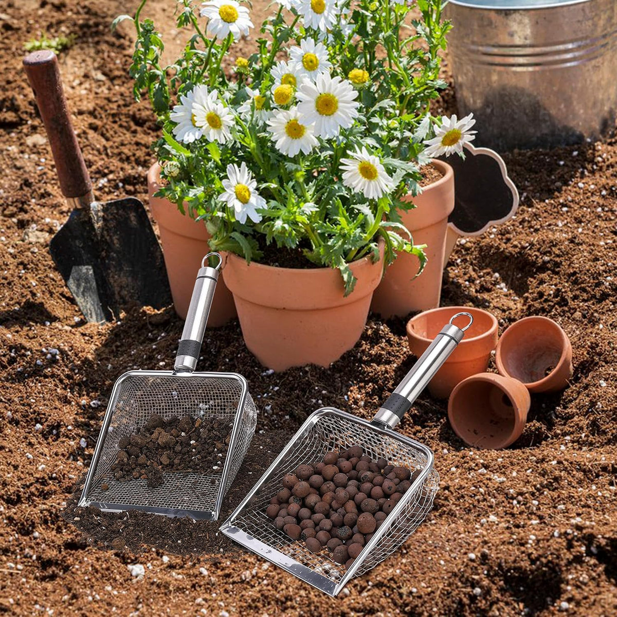 2 Pcs Wider Gardening Soil Sifter-5.5" W Garden Sieve Sifter with Handle (3.8/5 mm Mesh)-Portable Gardening Sifter for Gradening Sand Soil Dirt Compost