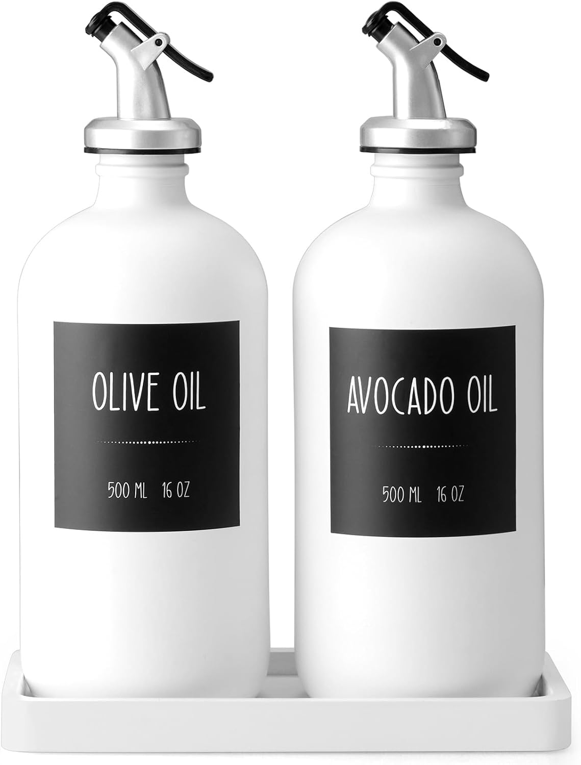 Olive Oil Dispenser Bottle for Kitchen, 16oz Glass Oil and Vinegar Dispenser Set with Wood Tray & 54 Labels - White Cooking Oil Bottles for Kitchen - Coffee Syrup Dispenser - Set of 2