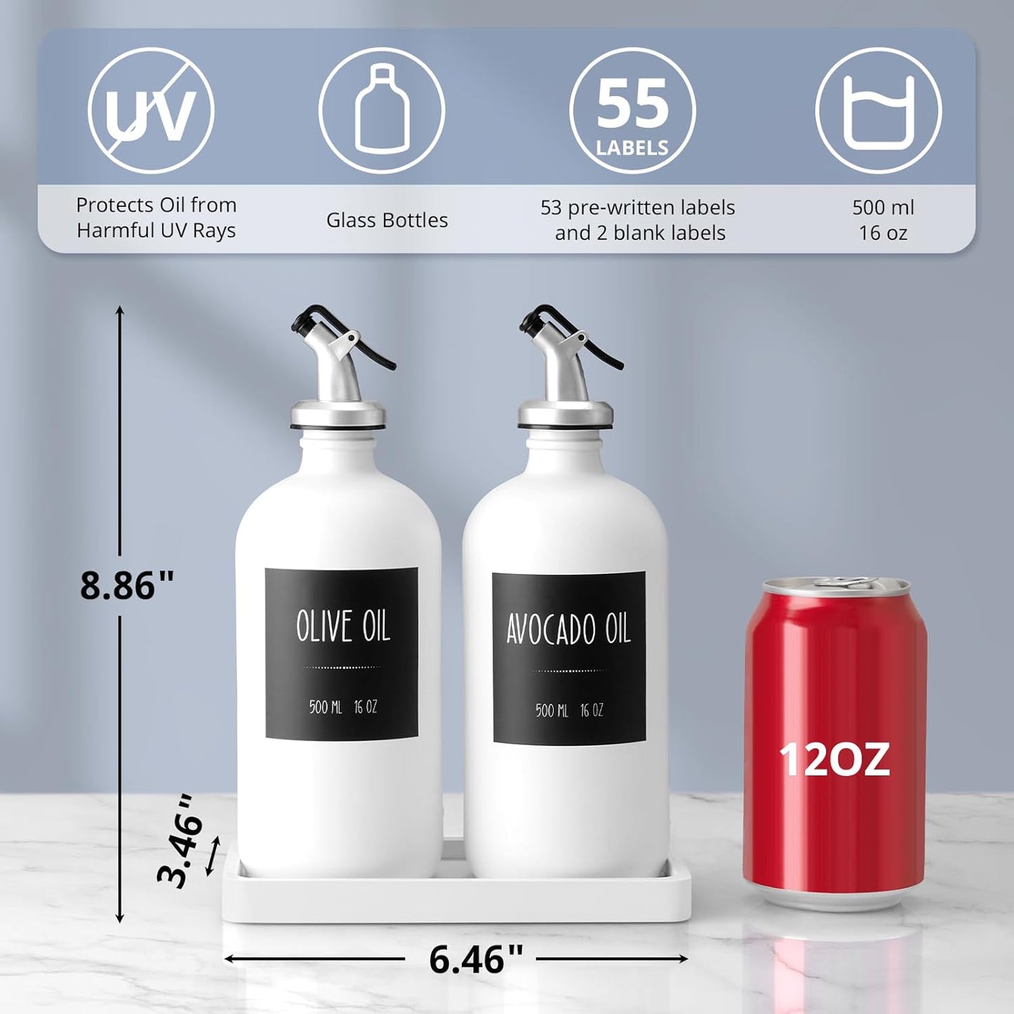 Olive Oil Dispenser Bottle for Kitchen, 16oz Glass Oil and Vinegar Dispenser Set with Wood Tray & 54 Labels - White Cooking Oil Bottles for Kitchen - Coffee Syrup Dispenser - Set of 2