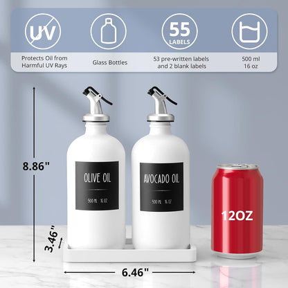 Olive Oil Dispenser Bottle for Kitchen, 16oz Glass Oil and Vinegar Dispenser Set with Wood Tray & 54 Labels - White Cooking Oil Bottles for Kitchen - Coffee Syrup Dispenser - Set of 2