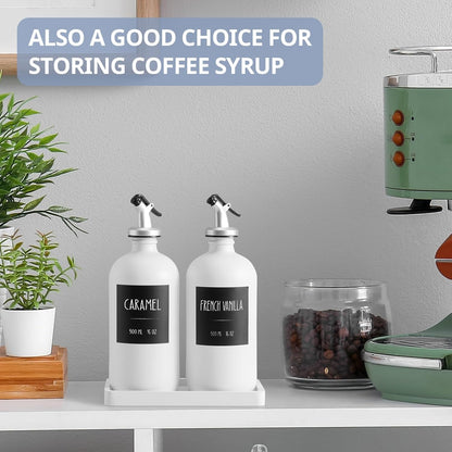 Olive Oil Dispenser Bottle for Kitchen, 16oz Glass Oil and Vinegar Dispenser Set with Wood Tray & 54 Labels - White Cooking Oil Bottles for Kitchen - Coffee Syrup Dispenser - Set of 2
