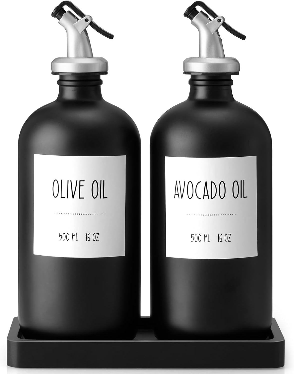Olive Oil Dispenser Bottle for Kitchen, 16oz Glass Oil and Vinegar Dispenser Set with Wood Tray & 54 Labels - White Cooking Oil Bottles for Kitchen - Coffee Syrup Dispenser - Set of 2