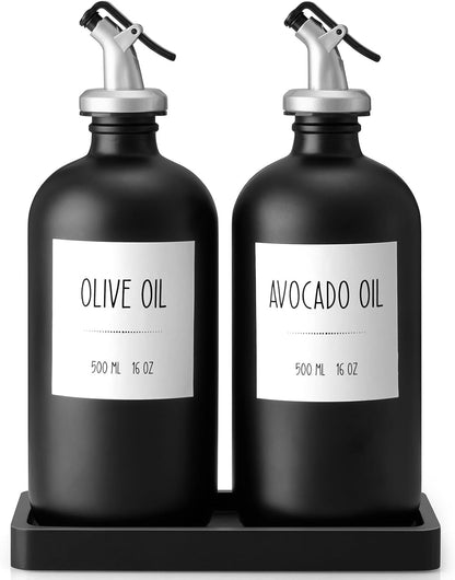 Olive Oil Dispenser Bottle for Kitchen, 16oz Glass Oil and Vinegar Dispenser Set with Wood Tray & 54 Labels - White Cooking Oil Bottles for Kitchen - Coffee Syrup Dispenser - Set of 2