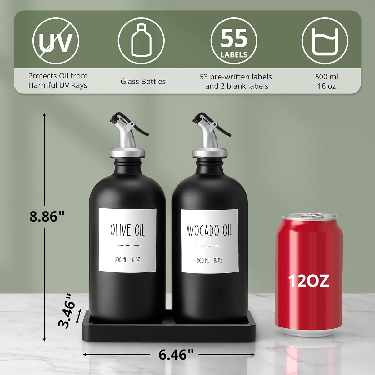 Olive Oil Dispenser Bottle for Kitchen, 16oz Glass Oil and Vinegar Dispenser Set with Wood Tray & 54 Labels - White Cooking Oil Bottles for Kitchen - Coffee Syrup Dispenser - Set of 2