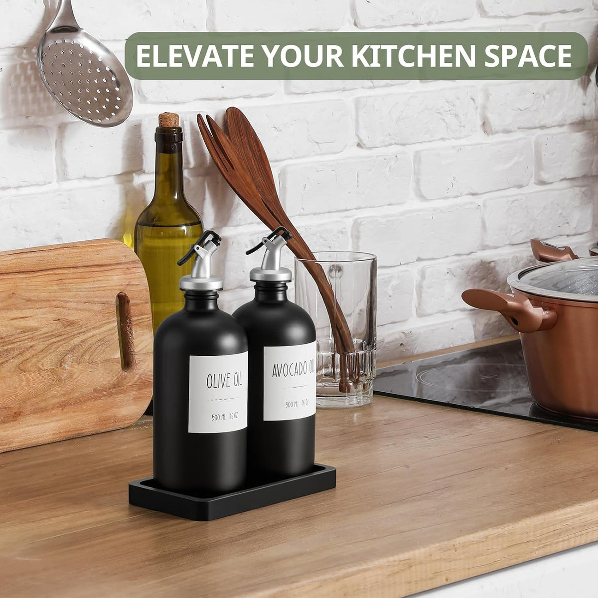 Olive Oil Dispenser Bottle for Kitchen, 16oz Glass Oil and Vinegar Dispenser Set with Wood Tray & 54 Labels - White Cooking Oil Bottles for Kitchen - Coffee Syrup Dispenser - Set of 2
