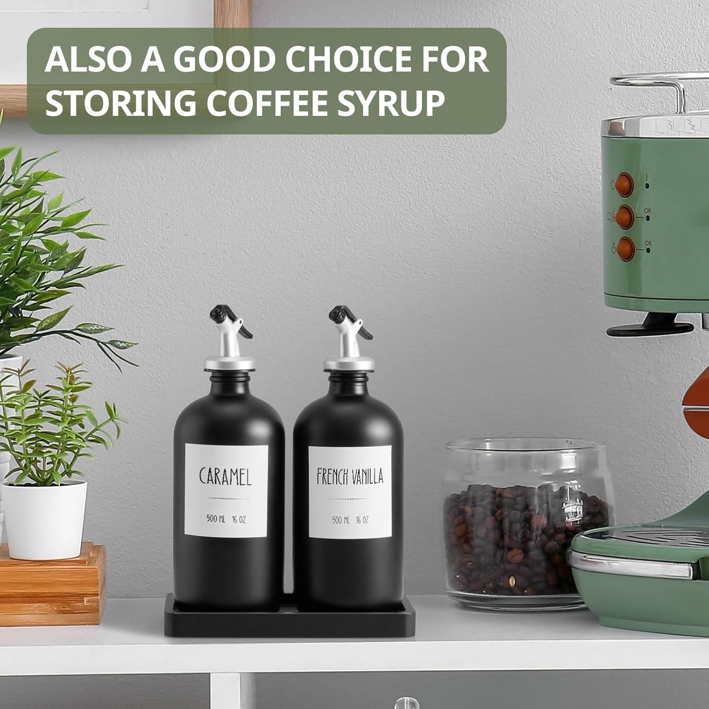 Olive Oil Dispenser Bottle for Kitchen, 16oz Glass Oil and Vinegar Dispenser Set with Wood Tray & 54 Labels - White Cooking Oil Bottles for Kitchen - Coffee Syrup Dispenser - Set of 2