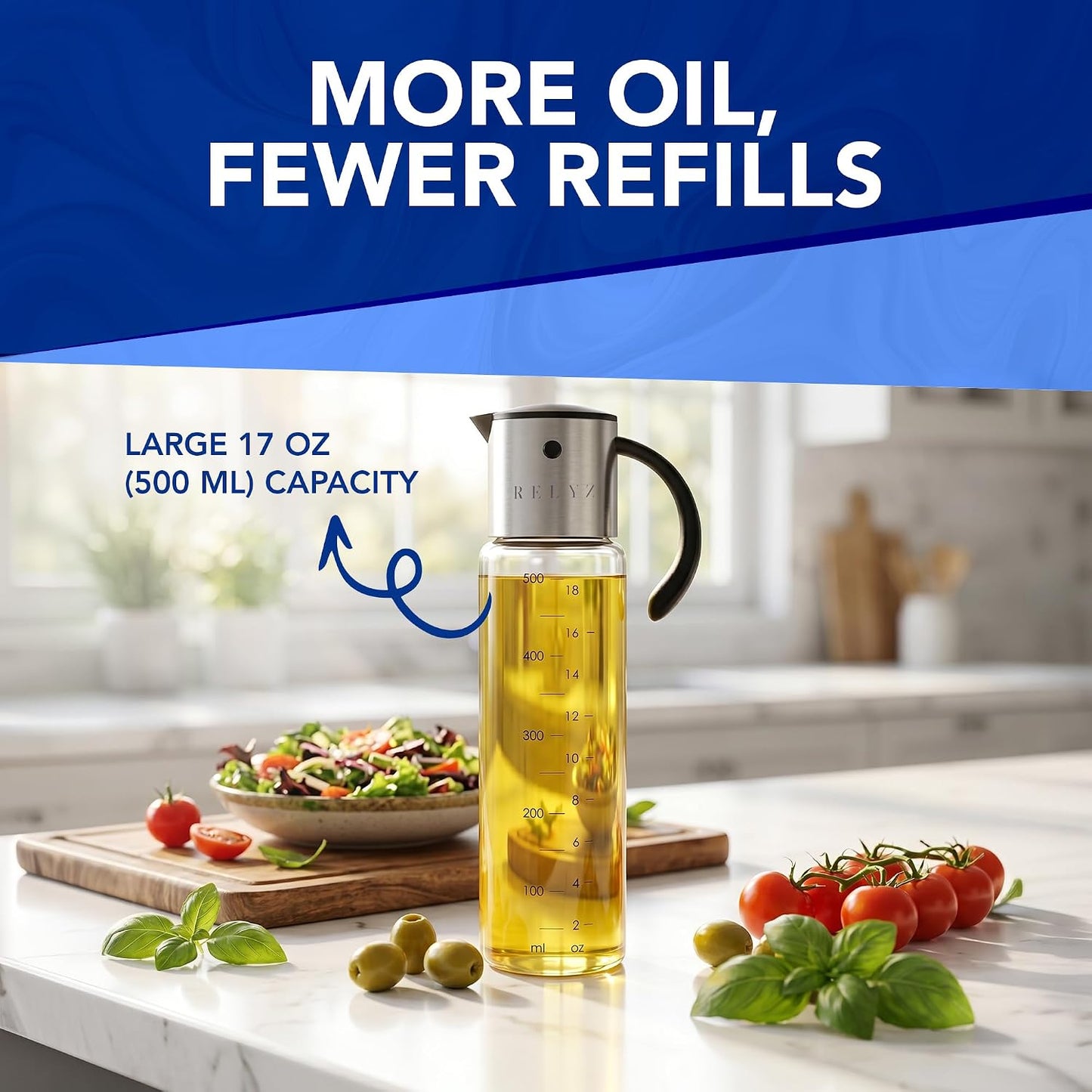 Large Glass Olive Oil Dispenser for Kitchen Cooking, Big 17oz Salad Dressing Container, Soy Sauce Bottle - Leakproof No Drip Stainless Steel Metal Pour Spout, Clear Measuring Markings, Dishwasher Safe