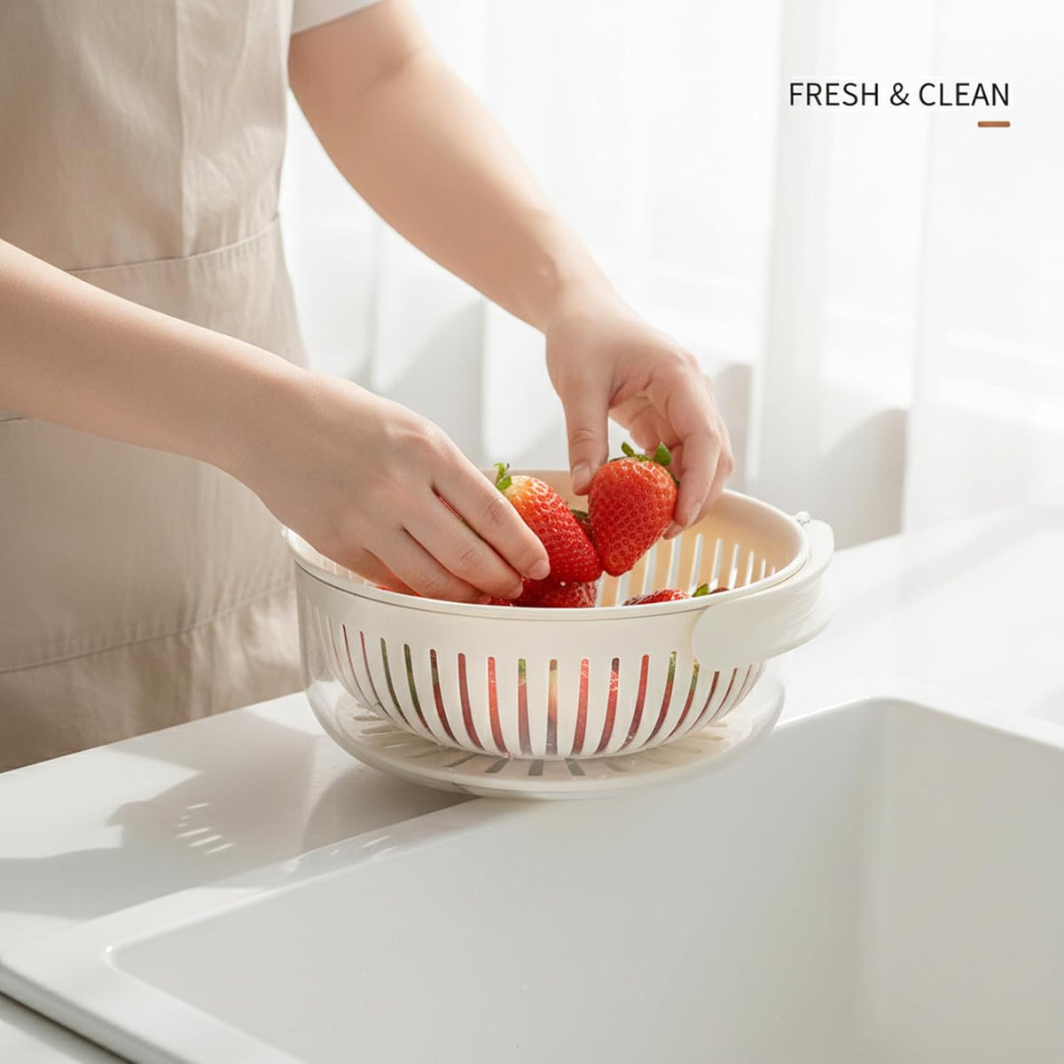 Fruit Washing Bowl with Strainer Double Layer Fruit Washing Bowl with Lid Kitchen Strainer Container for Produce Fridge Picnic (Brown)