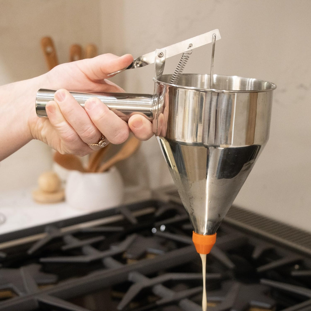 Stainless Steel Batter Dispenser with Stand, Effortless Pancake, Waffle, and Crepe Batter Dispensing