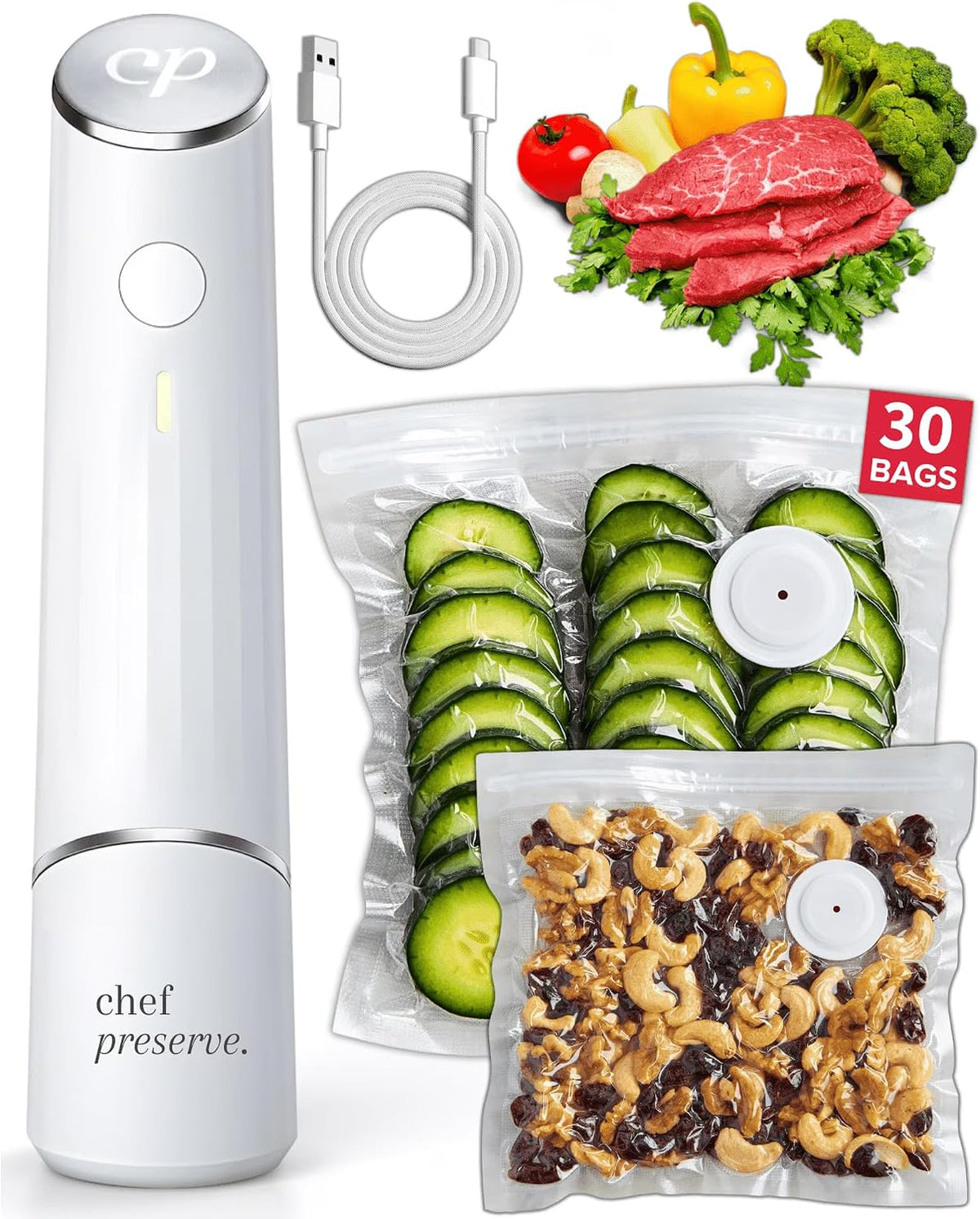 Compact Vacuum Sealer for Food (Vacuum Sealer Machine + 30 Reusable Vacuum Bags) Powerful Handheld Vacuum Sealer Machine, Seal Meal Saver, Portable Food Sealer