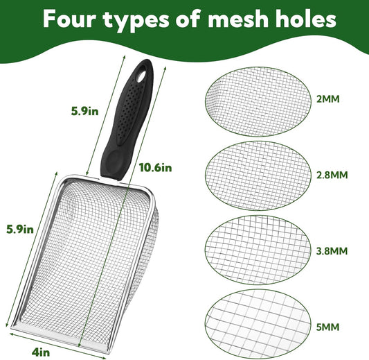 4-Pack Stainless Steel Soil Sifter Set with Handle, Multi-Mesh Garden Sifter for Compost, Sand, Rocks - Gardening Tool & Reptile Sand Scoop for Litter Cleaning, Beach Shell Sifting
