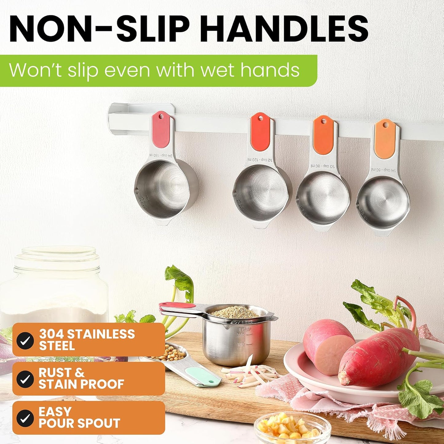 Magnetic Stainless Steel Measuring Cups, Patented, Kitchen Tools with Easy to Read Markings for Measuring Dry or Liquid Ingredients, Set of 7, Black
