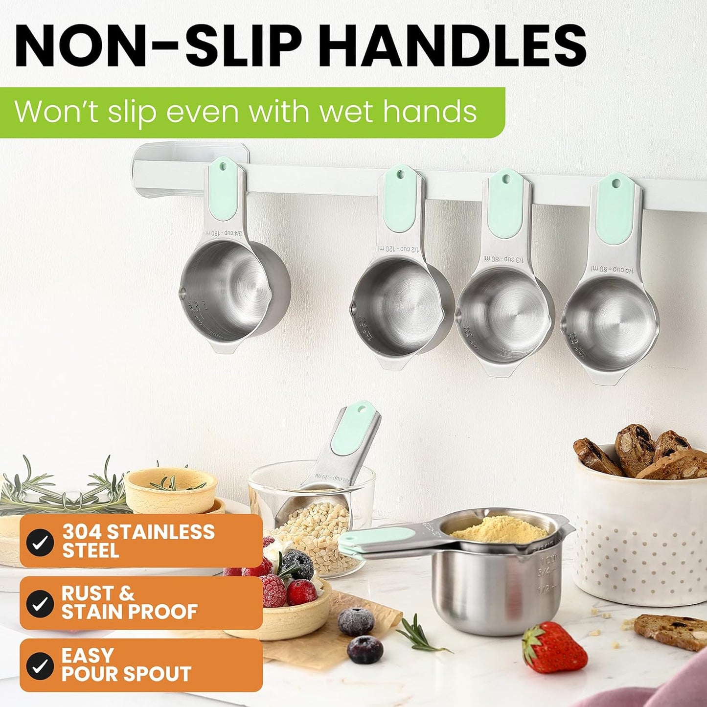 Magnetic Stainless Steel Measuring Cups, Patented, Kitchen Tools with Easy to Read Markings for Measuring Dry or Liquid Ingredients, Set of 7, Black