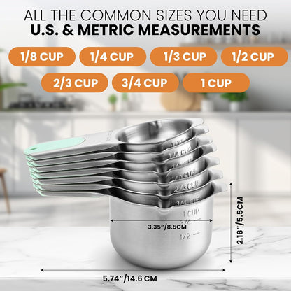 Magnetic Stainless Steel Measuring Cups, Patented, Kitchen Tools with Easy to Read Markings for Measuring Dry or Liquid Ingredients, Set of 7, Black