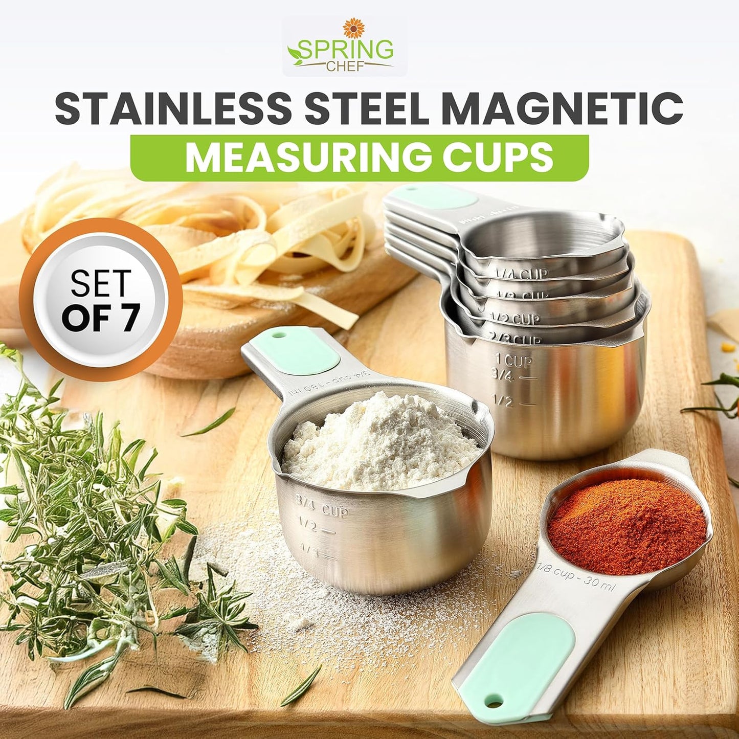 Magnetic Stainless Steel Measuring Cups, Patented, Kitchen Tools with Easy to Read Markings for Measuring Dry or Liquid Ingredients, Set of 7, Black