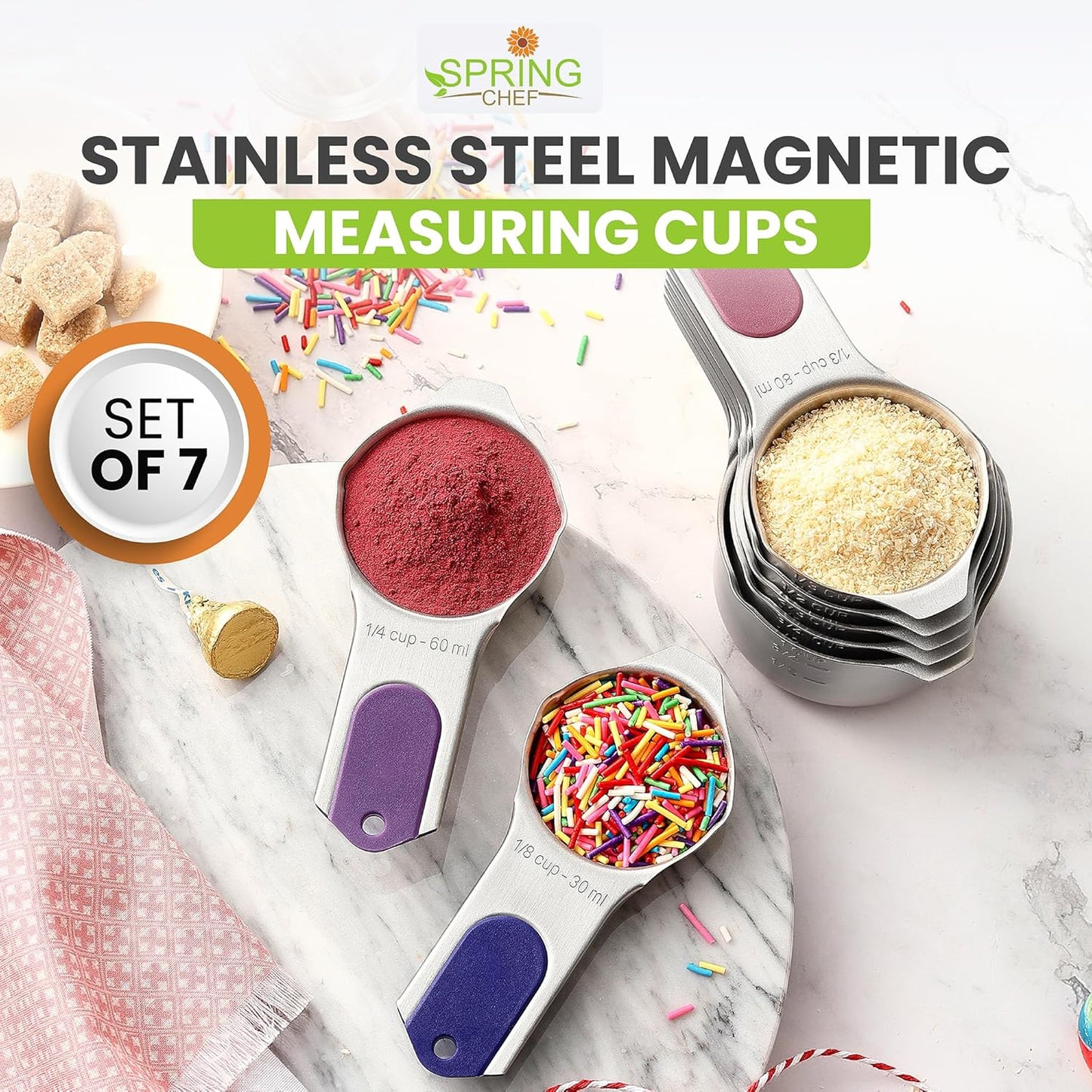 Magnetic Stainless Steel Measuring Cups, Patented, Kitchen Tools with Easy to Read Markings for Measuring Dry or Liquid Ingredients, Set of 7, Black