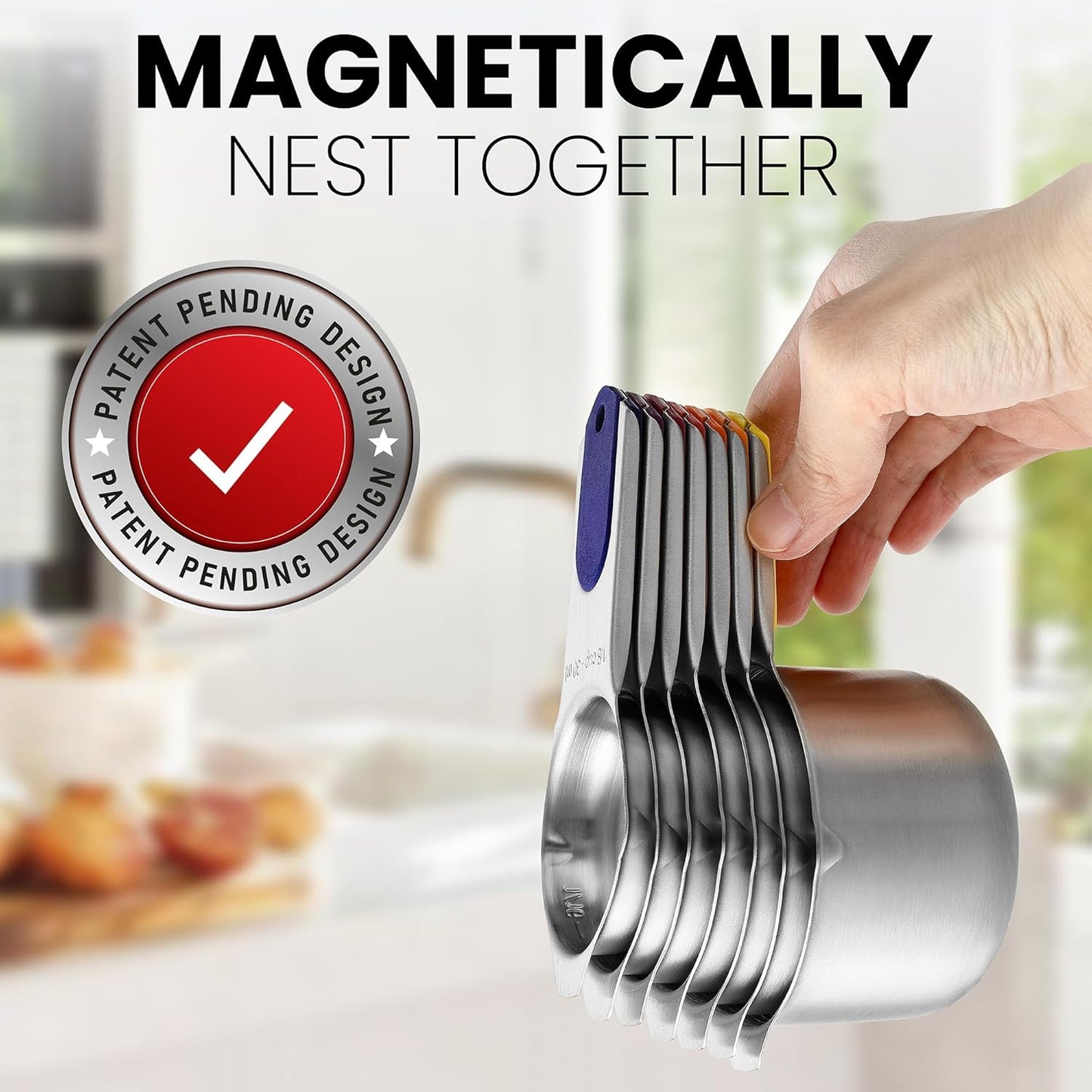 Magnetic Stainless Steel Measuring Cups, Patented, Kitchen Tools with Easy to Read Markings for Measuring Dry or Liquid Ingredients, Set of 7, Black