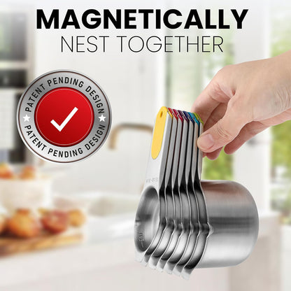 Magnetic Stainless Steel Measuring Cups, Patented, Kitchen Tools with Easy to Read Markings for Measuring Dry or Liquid Ingredients, Set of 7, Black