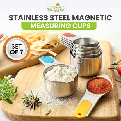 Magnetic Stainless Steel Measuring Cups, Patented, Kitchen Tools with Easy to Read Markings for Measuring Dry or Liquid Ingredients, Set of 7, Black