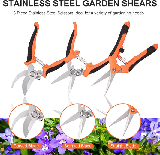 3 Pcs Garden Shears, Stainless Steel Gardening Scissors, Pruning Shears for Gardening, Pruning Scissors for Flowers Fruit Tree
