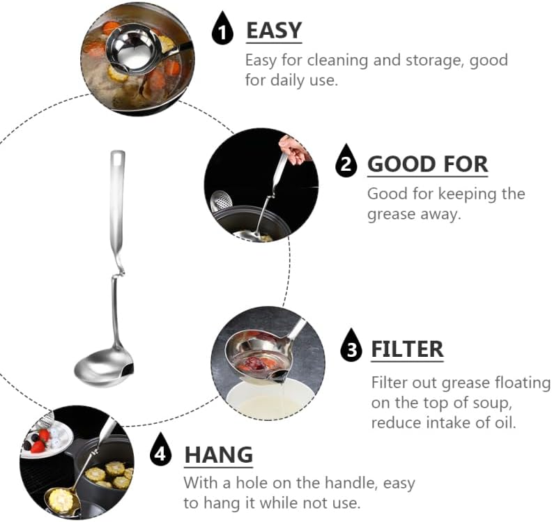Oil Filter Spoon Stainless Steel Grease Filter Ladle for Soup Long Handle Oil Remover Spoon for Skimming Floating Grease Kitchen Cooking Utensil with Hanging Hole 11.