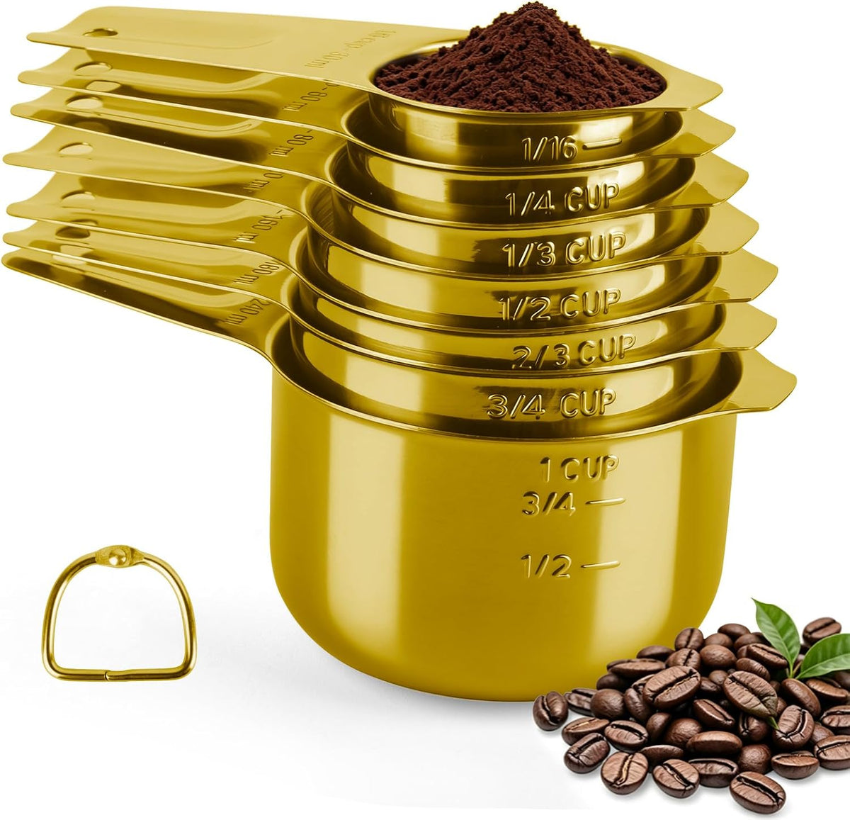 7 Pcs Gold Measuring Cups Stainless Steel, Nesting Metal Measuring Cups with Markings & Ring, Stackable Measure Cups Spoons Set for Cooking Baking Supplies, Kitchen Utensils for Dry Liquid Ingredients