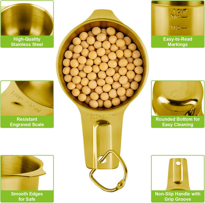 7 Pcs Gold Measuring Cups Stainless Steel, Nesting Metal Measuring Cups with Markings & Ring, Stackable Measure Cups Spoons Set for Cooking Baking Supplies, Kitchen Utensils for Dry Liquid Ingredients