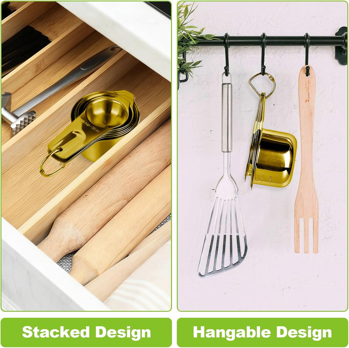7 Pcs Gold Measuring Cups Stainless Steel, Nesting Metal Measuring Cups with Markings & Ring, Stackable Measure Cups Spoons Set for Cooking Baking Supplies, Kitchen Utensils for Dry Liquid Ingredients