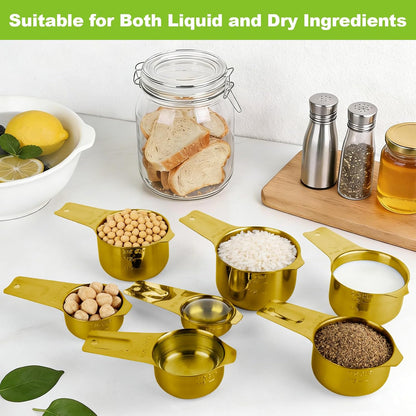 7 Pcs Gold Measuring Cups Stainless Steel, Nesting Metal Measuring Cups with Markings & Ring, Stackable Measure Cups Spoons Set for Cooking Baking Supplies, Kitchen Utensils for Dry Liquid Ingredients