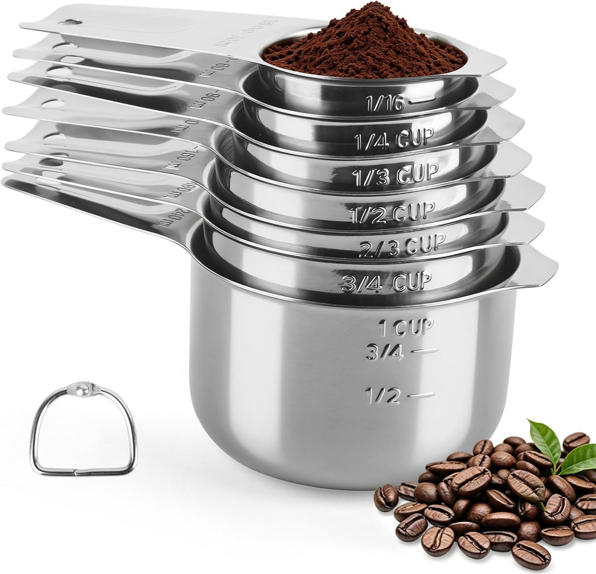 7 Pcs Gold Measuring Cups Stainless Steel, Nesting Metal Measuring Cups with Markings & Ring, Stackable Measure Cups Spoons Set for Cooking Baking Supplies, Kitchen Utensils for Dry Liquid Ingredients
