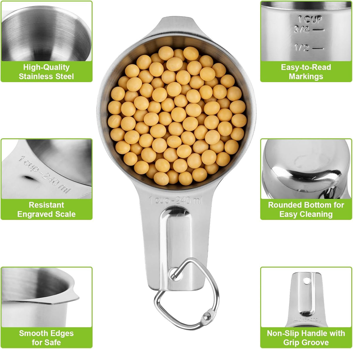 7 Pcs Gold Measuring Cups Stainless Steel, Nesting Metal Measuring Cups with Markings & Ring, Stackable Measure Cups Spoons Set for Cooking Baking Supplies, Kitchen Utensils for Dry Liquid Ingredients